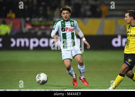Venlo, Paesi Bassi. Xvi Feb, 2018. Ritsu Doan (Groningen) Calcio/Calcetto : olandese "Eredivisie" corrispondono tra il VVV-Venlo 1-1 FC Groningen a Seacon Stadion De Koel a Venlo, Paesi Bassi . Credito: Takamoto Tokuhara/AFLO/Alamy Live News Foto Stock
