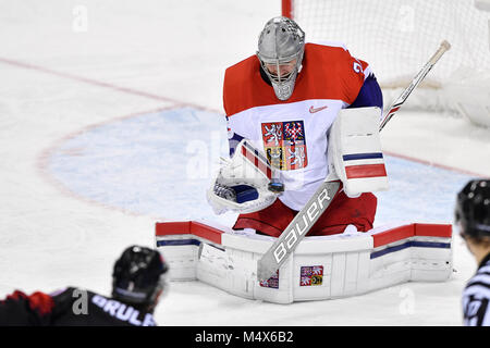 Kangnung, Corea. Xvii Feb, 2018. Il portiere Pavel Francouz (CZE) in azione durante il Canada vs Repubblica Ceca ice hockey match entro il 2018 Olimpiadi invernali in Gangneung, Corea del Sud, 17 febbraio 2018. Credito: Michal Kamaryt/CTK foto/Alamy Live News Foto Stock