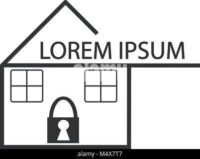Icona o il logo di una casa con spazio per inserire il testo, slogan o nome dell'azienda. Concetto di sicurezza vettore con un lucchetto sulla porta. Illustrazione Vettoriale