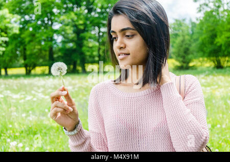 Giovane e bella ragazza adulti azienda tarassaco seme head sulla natura dello sfondo. Foto Stock