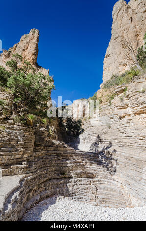 Escursionista scalinata rock formazione su Devil's Hall Trail nel Parco Nazionale delle Montagne Guadalupe in Texas. Foto Stock