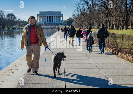 Uomo che cammina un cane sul percorso tramite il Pool riflettenti nella parte anteriore del Lincoln Memorial sul National Mall di Washington DC. Foto Stock