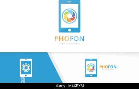 Vettore otturatore della fotocamera e telefono e combinazione di logo. Lente mobile e il simbolo o icona. Foto unica e Device logo design modello. Illustrazione Vettoriale