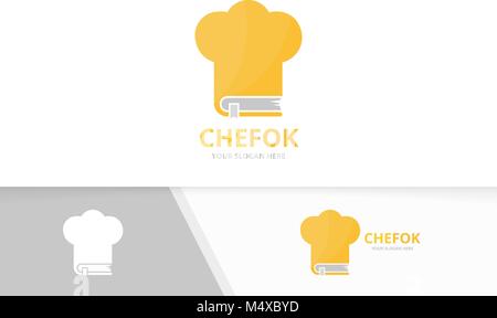 Libro di vettore e chef hat combinazione di logo. La cucina e il mercato di simbolo o icona. Bookstore unica, biblioteca e cuocere logotipo di modello di progettazione. Illustrazione Vettoriale