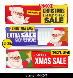 Natale Vendita banner vettore Set. Merry Christmas Santa Claus. Inverno per lo shopping online. Sconto orizzontale banner. Xmas Promo vendita tag di intestazione. Vacanze Illustrazione Vettoriale