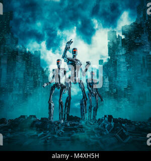 Robot di pattuglia / 3D illustrazione di fantascienza in scena con tre robot militare ricerca rovine della futuristica città dystopian Foto Stock