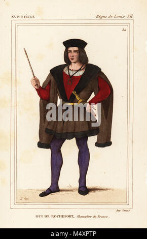 Gui de Rochefort, Chancelier de France, 1447-1507. Litografia Handcolored da Leopoldo Massard dopo una miniatura della corte di Luigi XII di Roger de Gaignieres portfolio VII 139 da Le Bibliophile Jacob aka Paul Lacroix i costumi Historiques de la France (costumi storici della Francia), Amministrazione de Librairie, Parigi, 1852. Foto Stock