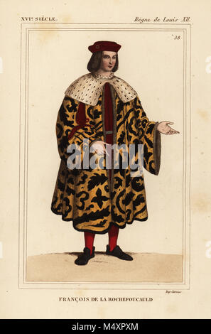 Francois de la Rochefoucauld, il ciambellano di re Carlo VIII e Luigi XII, d. 1517. Litografia Handcolored dopo una miniatura della corte del re Luigi XII di Roger de Gaignieres portfolio VII 141 da Le Bibliophile Jacob aka Paul Lacroix i costumi Historiques de la France (costumi storici della Francia), Amministrazione de Librairie, Parigi, 1852. Foto Stock