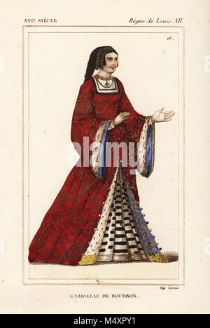 Gabrielle de Bourbon, moglie di Luigi II di La Trimouille, scrittore di spirituals, d. 1516. Litografia Handcolored dopo una miniatura raffigurante la corte di re Luigi XII di Roger de Gaignieres portfolio VII 142 da Le Bibliophile Jacob aka Paul Lacroix i costumi Historiques de la France (costumi storici della Francia), Amministrazione de Librairie, Parigi, 1852. Foto Stock