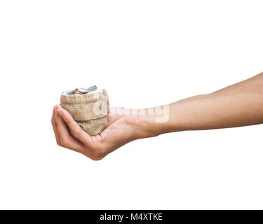 Un man mano azienda denaro sacchetto isolato su sfondo bianco con percorso di clipping. Foto Stock