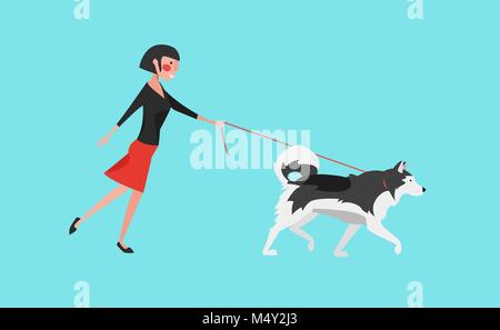 Illustrazione Vettoriale: giovane donna a piedi il cane (grigio Malamute). Design piatto. Illustrazione Vettoriale