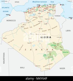 Algeria road e il parco nazionale di mappa vettoriale Illustrazione Vettoriale