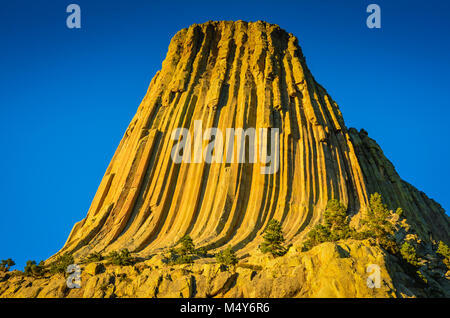 Devils Tower, WY, STATI UNITI D'AMERICA. Devils Tower Monumento Nazionale conserva un sito sacro e laccolithic butte formazione rocciosa. Foto Stock