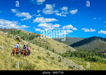 Un gruppo di piloti seguono un sentiero stretto su un sage bush-collina coperta in Medicine Bow National Forest. Foto Stock