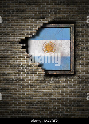 3D rendering di una bandiera argentina su un arrugginito piastra metallica embebed su un vecchio muro di mattoni Foto Stock