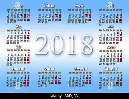 Per il calendario 2018 in bianco blu gradiente dello sfondo Foto Stock