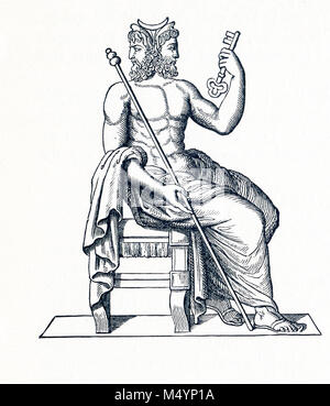 La statua qui rappresenta Giano, il dio degli inizi. I Romani raffigurati Janus con due teste, uno che guarda in avanti e uno che guarda all'indietro. Qui entrambi i capi hanno una barba, e detiene una chiave in mano hisleft e un personale nell'altro. Foto Stock