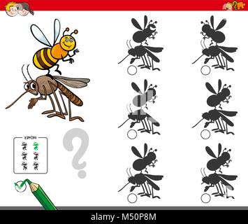 Illustrazione del fumetto di trovare l'ombra senza differenze di attività educative per i bambini con i caratteri di insetto Illustrazione Vettoriale