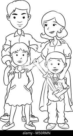 Felice famiglia con due bambini, line art cartoon Foto Stock