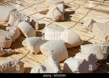 Il mongolo prodotto caseario Aaruul o Gurt realizzato da svuotato di latte acido essiccazione su sun Foto Stock