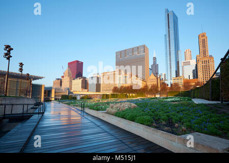 Il giardino Lurie al Millennium Park e Michigan Avenue Skyline, Chicago, Illinois, Stati Uniti d'America Foto Stock