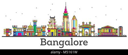 Delineare Bangalore India skyline della città con edifici di colore isolato su bianco. Illustrazione Vettoriale. Bangalore Cityscape con punti di riferimento. Illustrazione Vettoriale