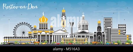 Rostov sul Don Russia dello skyline della città con edifici di colore e cielo blu. Illustrazione Vettoriale. Viaggi di affari e turismo Concept Illustrazione Vettoriale