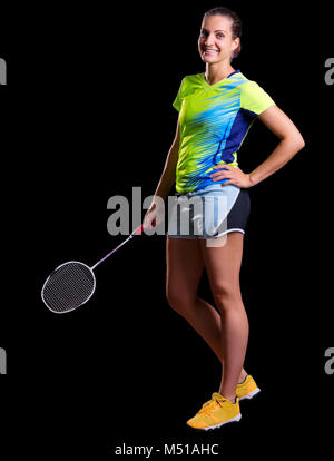 Giovane donna badminton player isolato Foto Stock