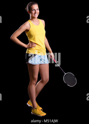 Giovane donna badminton player isolato Foto Stock