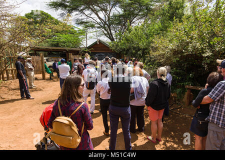 I turisti in attesa in una coda per entrare il David Sheldrick Wildlife Trust l'Orfanotrofio degli Elefanti a Nairobi in Kenya Foto Stock