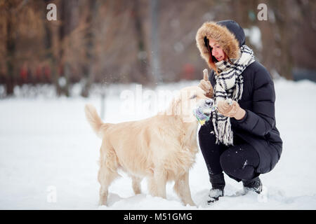 Foto di donna sorridente squatting accanto a labrador con il giocattolo in denti in inverno Foto Stock