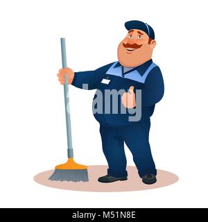 Funny cartoon bidello di mop e ok gesto. Grasso sorridente personaggio in tuta blu con la scopa. Felice pulitore piatto in uniforme dal servizio di pulizia o la pulizia dell'ufficio. Colorata illustrazione vettoriale. Illustrazione Vettoriale