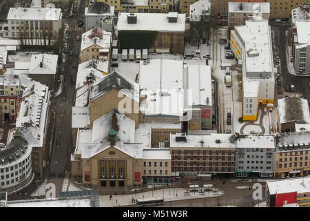 Vista aerea, Hagen city theatre, nella neve e inverno, Hagen, zona della Ruhr, Renania settentrionale-Vestfalia, Germania, Europa, Hagen, zona della Ruhr, Nord Rhine-West Foto Stock