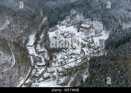 Vista aerea, fibra ottica open-air museum Hagen im Schnee, Hagen, zona della Ruhr, Renania settentrionale-Vestfalia, Germania, Europa, Hagen, zona della Ruhr, Renania settentrionale-W Foto Stock