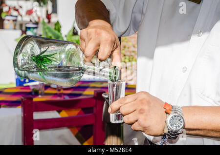 Cameriere versa la tequila shot da un vetro trasparente bottiglia con un impianto di agave inset in bottiglia. Foto Stock