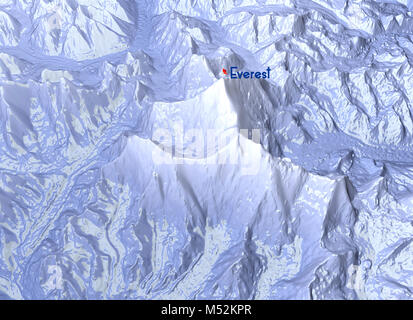 Il monte Everest, rilievo altezza, montagne. Himalaya mappa. Una bandiera sventola sul vertice dell'Everest Foto Stock