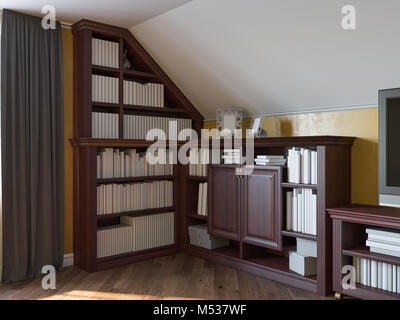 3d illustrazione di una libreria di casa sul piano attico di una casa privata Foto Stock