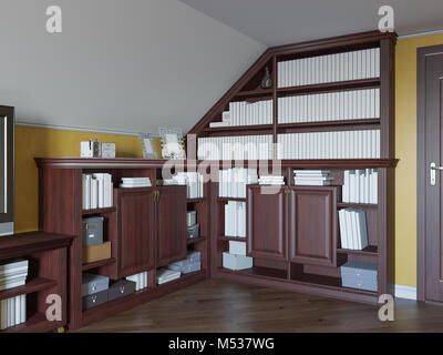 3d illustrazione di una libreria di casa sul piano attico di una casa privata Foto Stock
