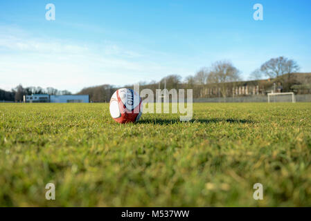 Scuola di sport motivi e piazzole segnato per sport come il calcio e rugby con ordinatamente il taglio di erba Foto Stock