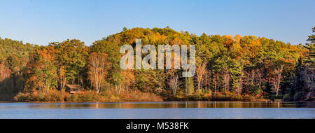 Un idilliaco paesaggio di una piccola vacanza cabin annidato in colori d'Autunno alberi da bosco su un lago con Oche del Canada a Lisbona, NH, Stati Uniti d'America. Foto Stock