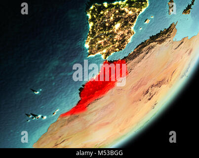 Il Marocco al mattino evidenziata in rosso sul pianeta Terra. 3D'illustrazione. Gli elementi di questa immagine fornita dalla NASA. Foto Stock