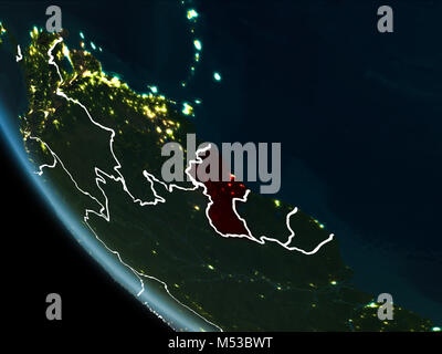 Vista satellitare della Guyana evidenziata in rosso sul pianeta terra di notte con i confini e le luci della città. 3D'illustrazione. Gli elementi di questa immagine arredare Foto Stock