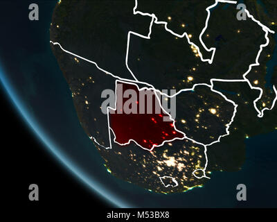 Vista satellitare del Botswana evidenziata in rosso sul pianeta terra di notte con i confini e le luci della città. 3D'illustrazione. Gli elementi di questa immagine furni Foto Stock