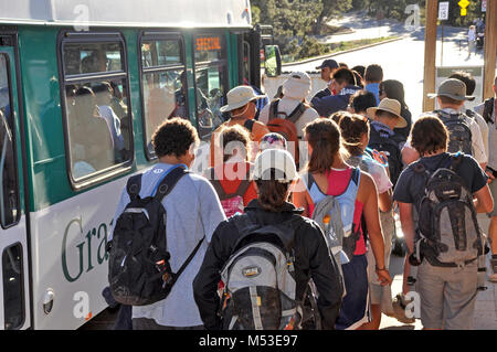 Grand Canyn NP Barding Eremita Rad Bus Navetta .. Dal 1 Marzo al 30 novembre. l'Eremita, la strada è chiusa per i veicoli privati. Gli autobus navetta per fornire il trasporto tra il villaggio di percorso la stazione di trasferimento e gli eremiti di riposo (7 miglia/ 11 km) con fermate a nove canyon si affaccia. Durante il viaggio di ritorno, gli autobus fermano solo a 4 fermate: eremiti resto Pima, Mohave, e Powell punti. Sulla South Rim, parcheggiare il vostro veicolo in uno dei pa Foto Stock