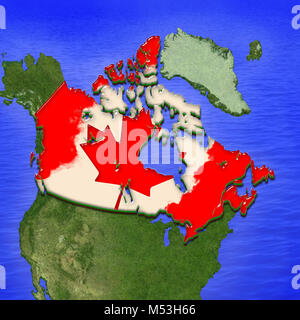 Mappa 3D di Canada verniciato nei colori della bandiera canadese, circondato da terra e mare sullo sfondo. Illustrazione della gelatina stilizzata pie Foto Stock