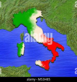 Mappa 3D di Italia verniciato nei colori della bandiera italiana, circondata da terra e mare sullo sfondo. Illustrazione della gelatina stilizzata pie Foto Stock