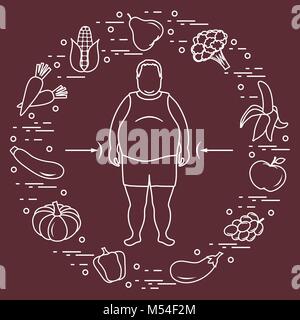 Fat Man con il cibo sano intorno a lui. Abitudini alimentari sane. Design per banner e stampa. Illustrazione Vettoriale