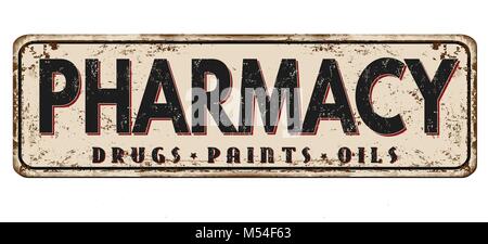 Farmacia vintage metallo arrugginito segno su uno sfondo bianco, illustrazione vettoriale Illustrazione Vettoriale
