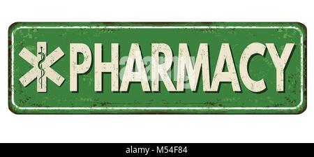 Farmacia vintage metallo arrugginito segno su uno sfondo bianco, illustrazione vettoriale Illustrazione Vettoriale
