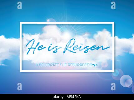 Vacanze di Pasqua illustrazione con cloud sul cielo blu sullo sfondo. Egli è risorto. Vettore religiosa cristiana design per celebrare la risurrezione del tema. Illustrazione Vettoriale